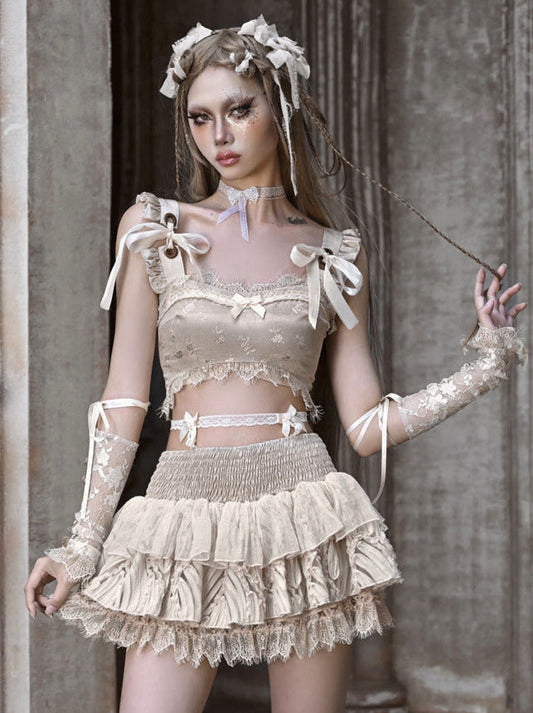 Gilet court en dentelle et ruban français cassé, style ballet ultra