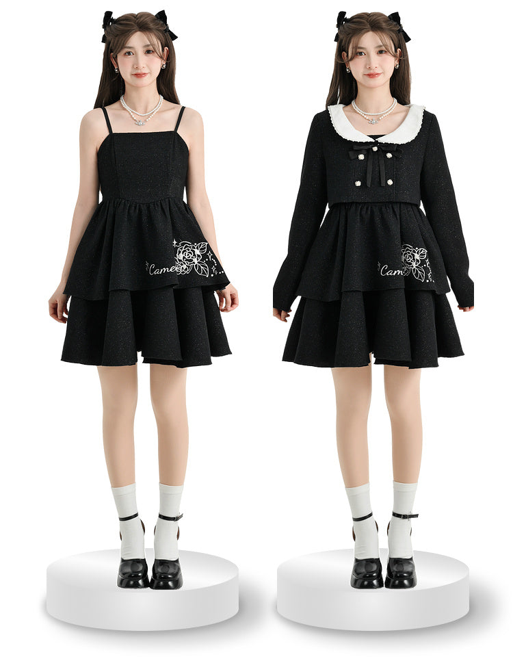Robe veste noire parfumée, bretelles pailletées, rose et perles, costume court