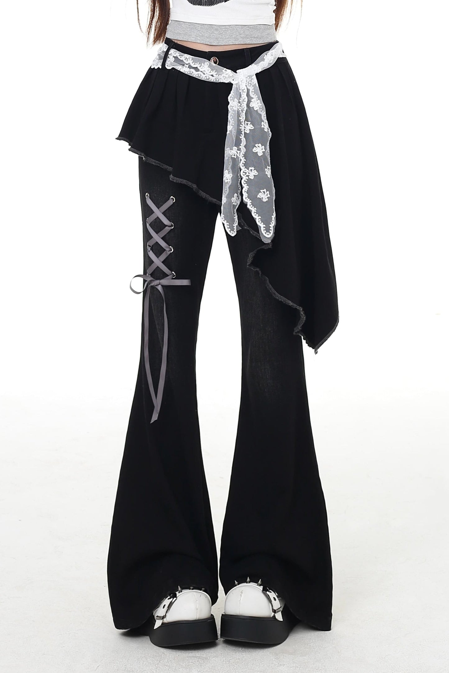 pants slim Lace-up flare long