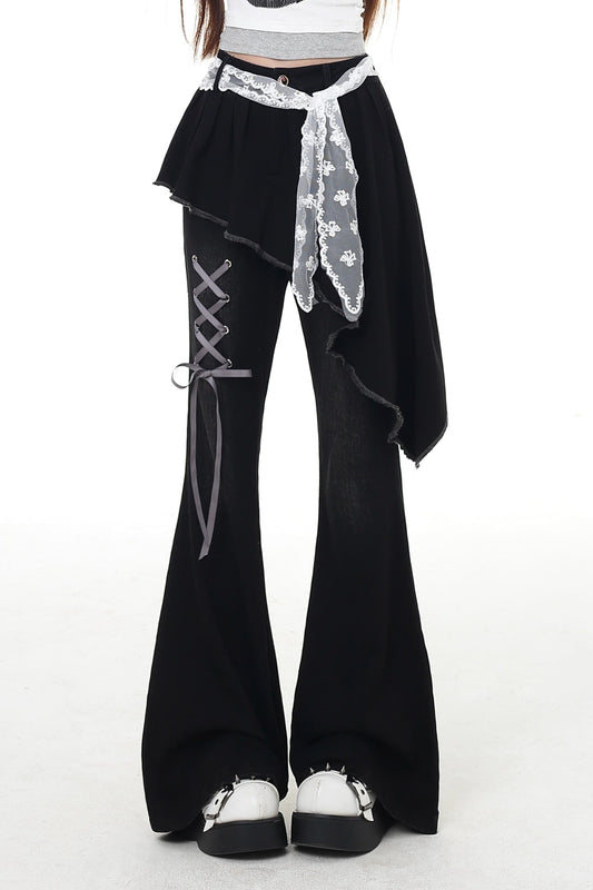 pants slim Lace-up flare long