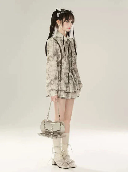 スーツのスプライスハイシャツ、インク汚れウエストレーススカート、かなり