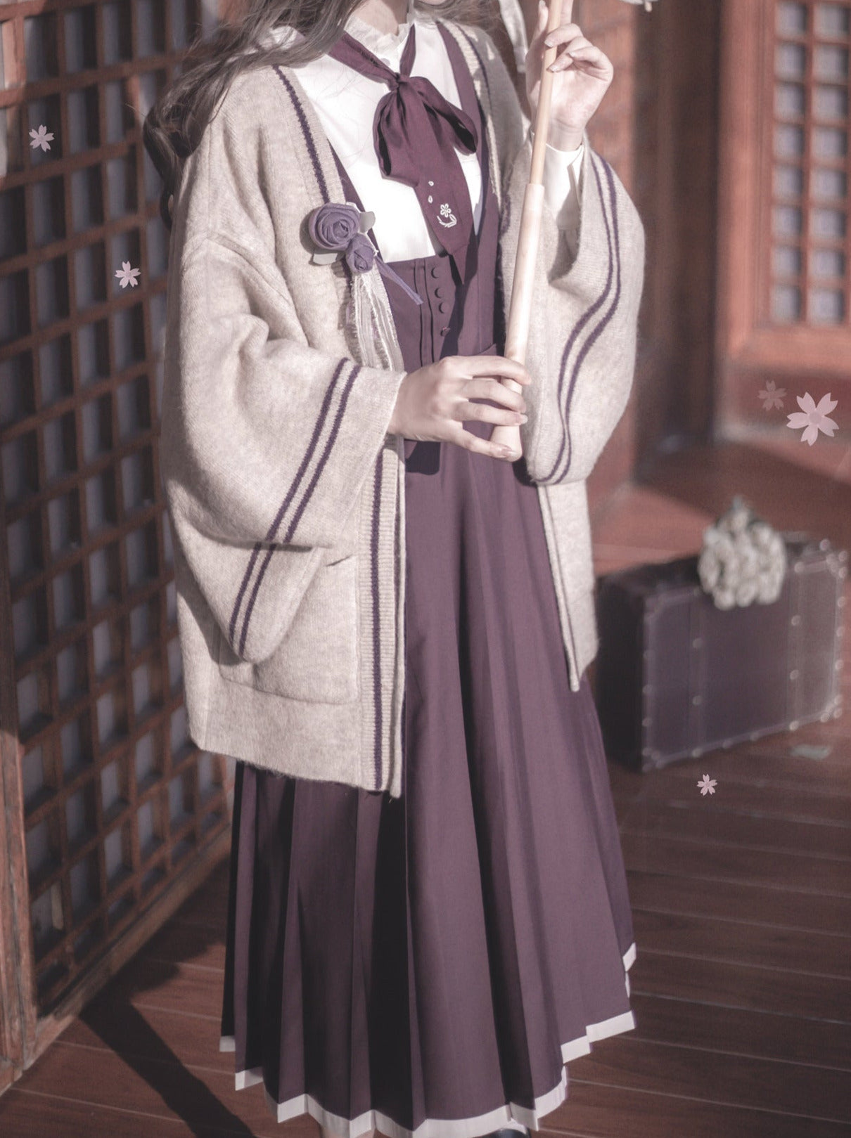 Collar Corsage Dress Retro Shirt Vest Cardigan Stand Knit Ruffle Sleeve + Japanese Ribbon