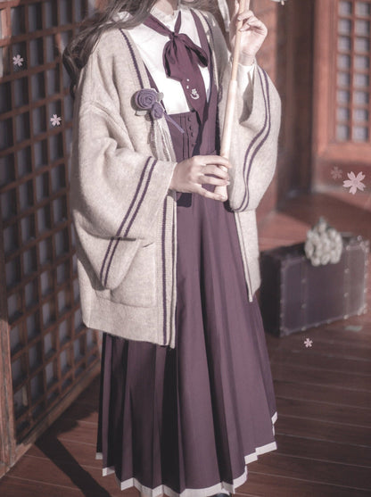 Collar Corsage Dress Retro Shirt Vest Cardigan Stand Knit Ruffle Sleeve + Japanese Ribbon