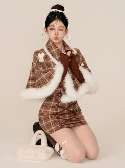 Check Rabbit Fur Mant + Tight Lace-Up Suspender Skirt