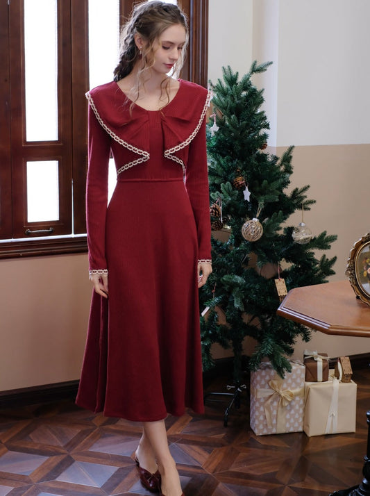 French Red Ribbon Knit Color Dress Retro