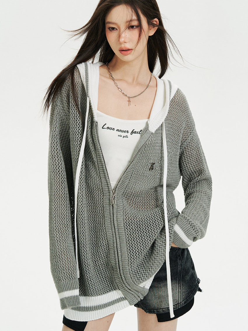 Sheer Zip Mesh Knit Short/Long Hoodie
