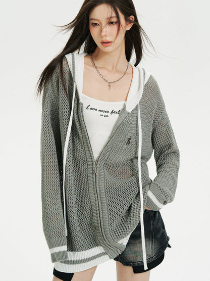 Sheer Zip Mesh Knit Short/Long Hoodie