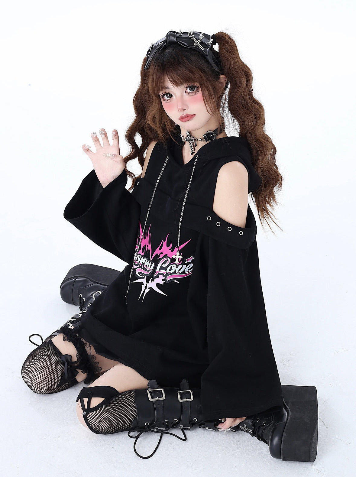 Subculture Punk Leaky Chain Spring Shoulder Original Top Dark Hooded Sweatshirt Rock
