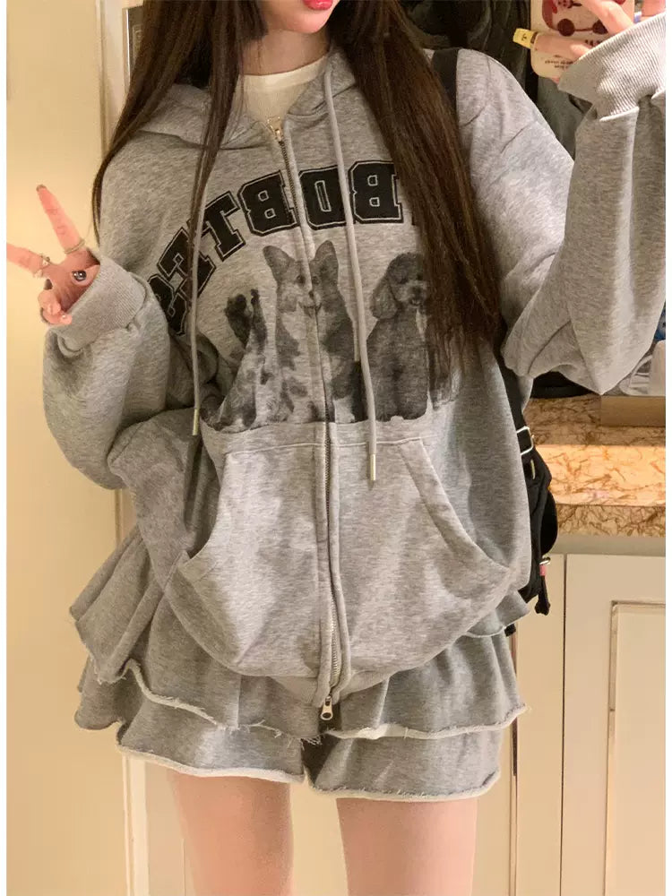 Top Sweatshirt Gray Skirt + American Retro Hoodie