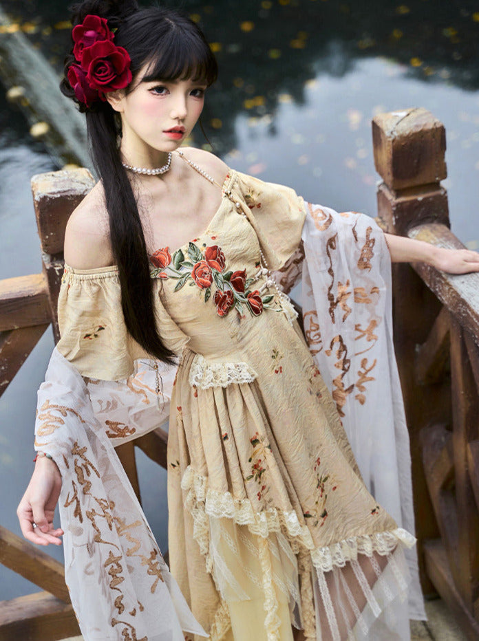 エレガントなストラップスクエアカラーローズオフショルダードレスイレギュラー