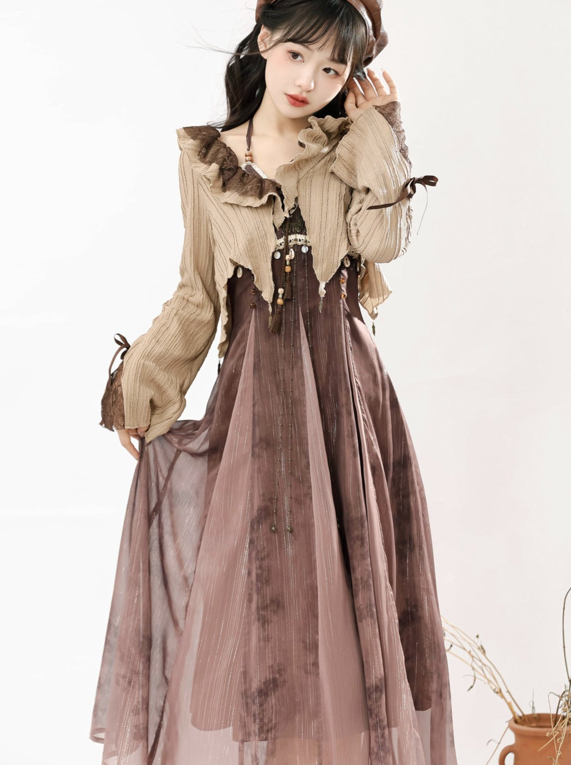 Dress Style + Short Camisole Cardigan Ethnic Ruffle