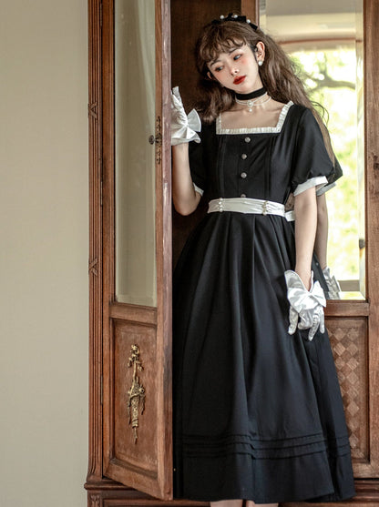 Square Black Pearl Waist Necklace French Collar Dress Black Ribbon Catsuit Retro