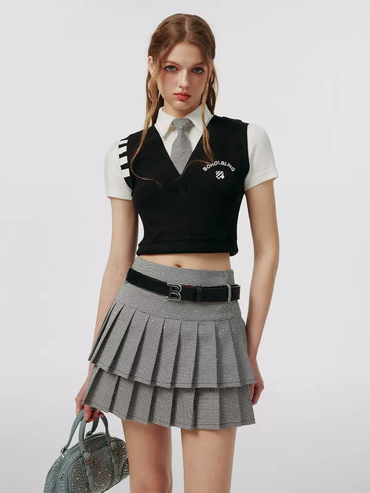 Small Gray Skirt Faux + Pleated Two-piece Top American College Tie