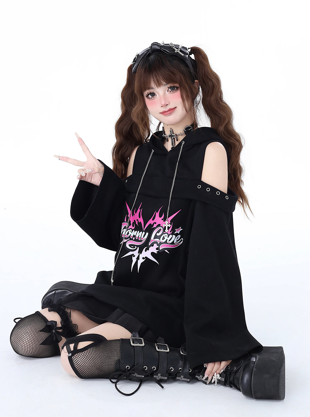 Subculture Punk Leaky Chain Spring Shoulder Original Top Dark Hooded Sweatshirt Rock