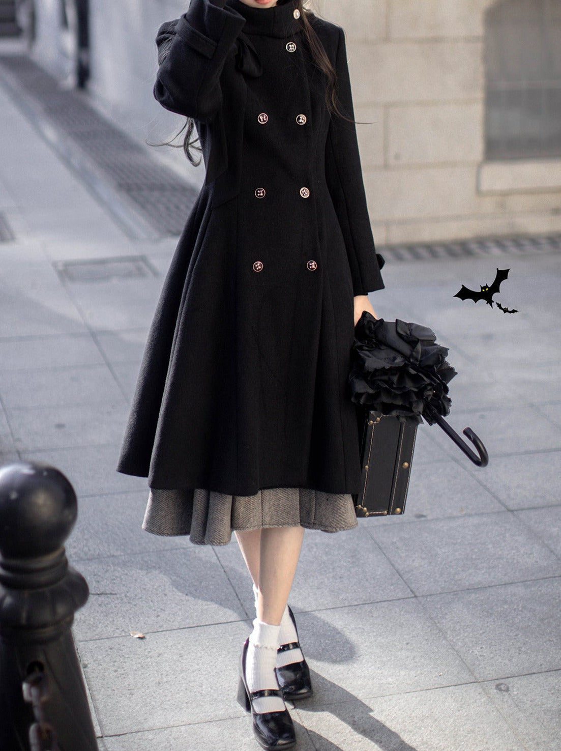 Porte-manteau rétro à col double en laine et ruban boutonné élégant