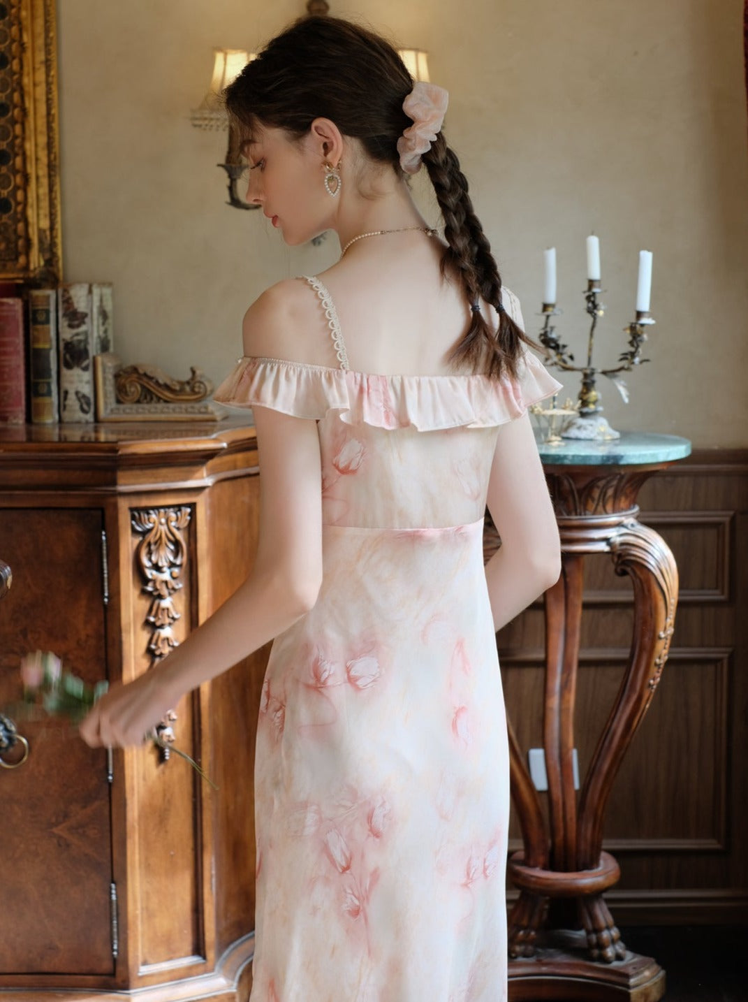 Long Suspender Dress Flower Blouse Cardigan + Sheer