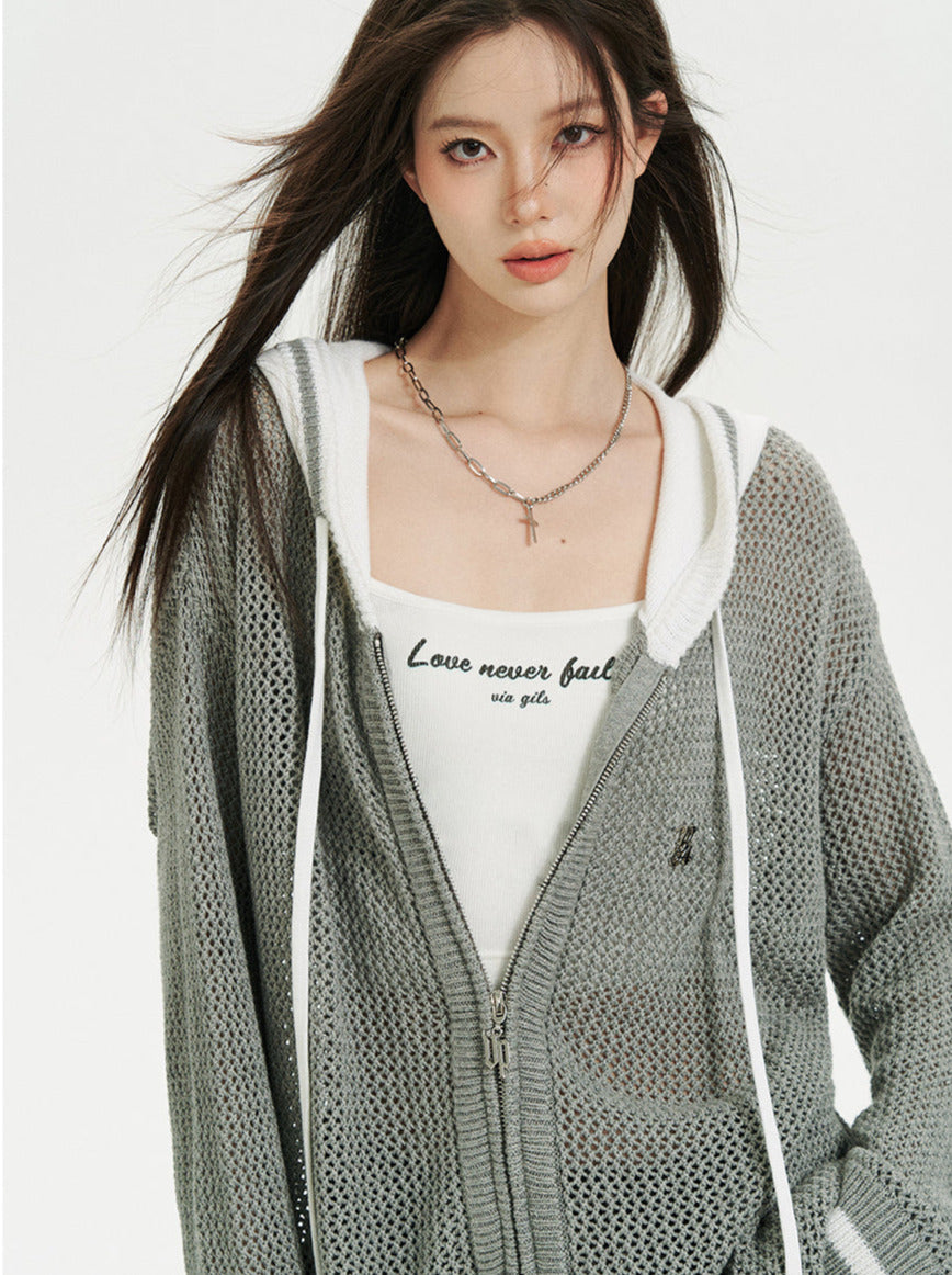 Sheer Zip Mesh Knit Short/Long Hoodie