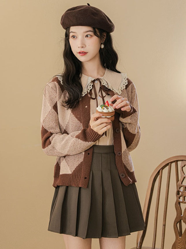 Argyle Skirt Pleated Knit Brown Cardigan Retro
