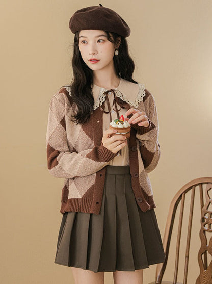 Argyle Skirt Pleated Knit Brown Cardigan Retro