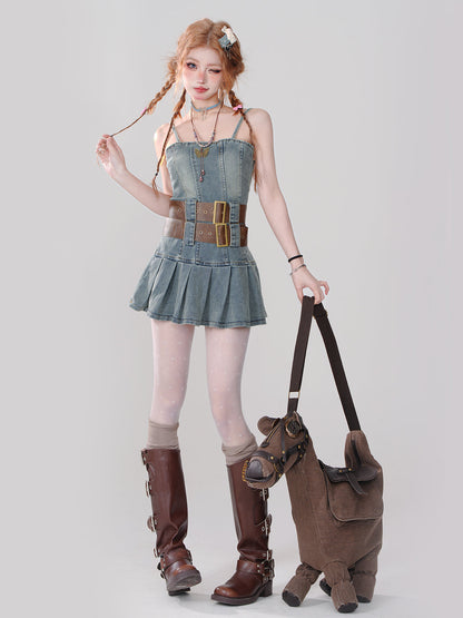Heißes Retro-Denim-Plissee-Stil-Kleid-Mädchen-Hosenträger