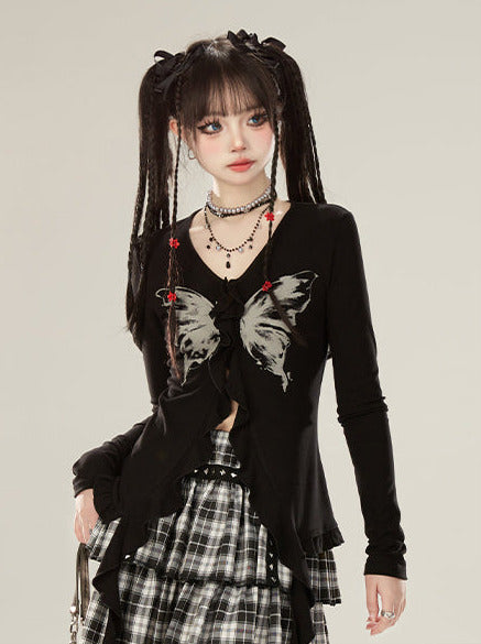Butterfly Print Slim Cardigan Ribbon Ruffle