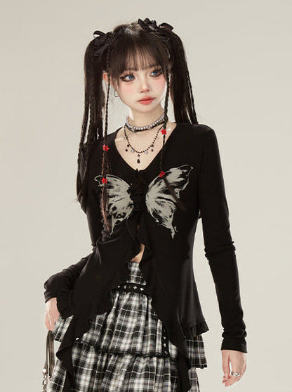 Butterfly Print Slim Cardigan Ribbon Ruffle