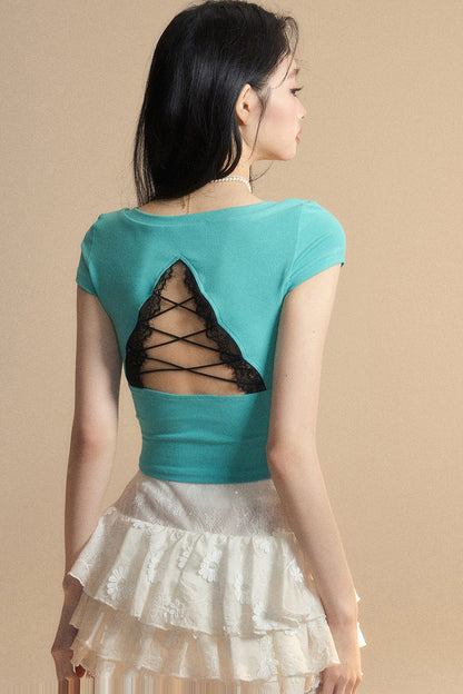 Top Reservations Ribbon Trim Lace Chic Crop