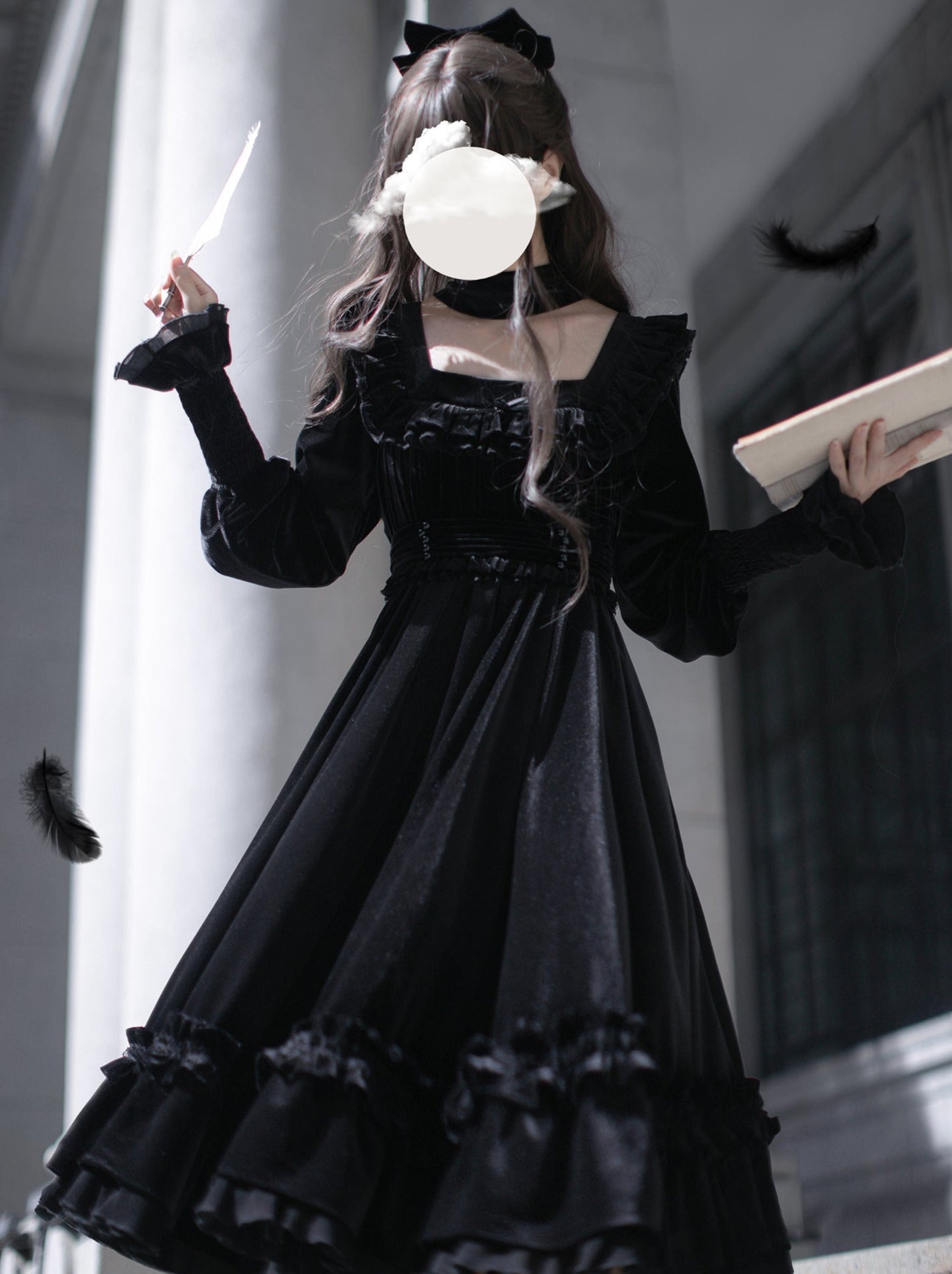 Collar Black Belt Elegant Retro + French Swan Ribbon Dress Square + Velvet
