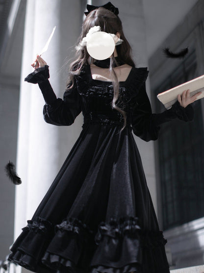 Collar Black Belt Elegant Retro + French Swan Ribbon Dress Square + Velvet