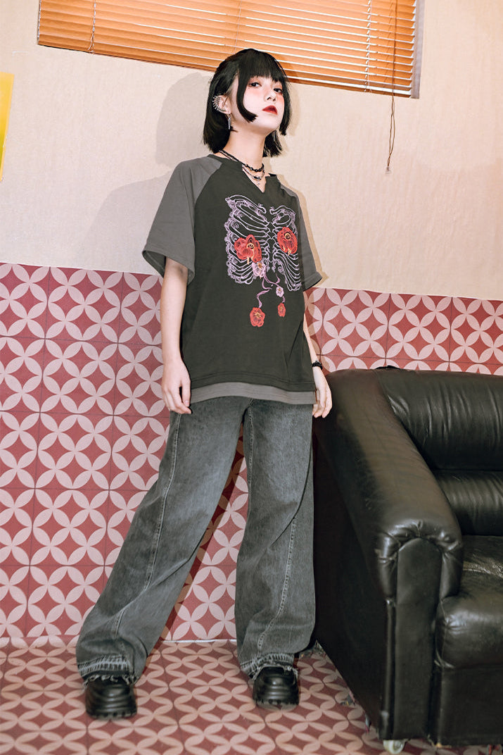Bone Flower Bicolor Raglan Top V-Neck