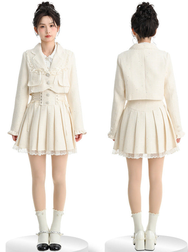 Ensemble + Jupe courte à volants Veste à lacets en tweed plissée