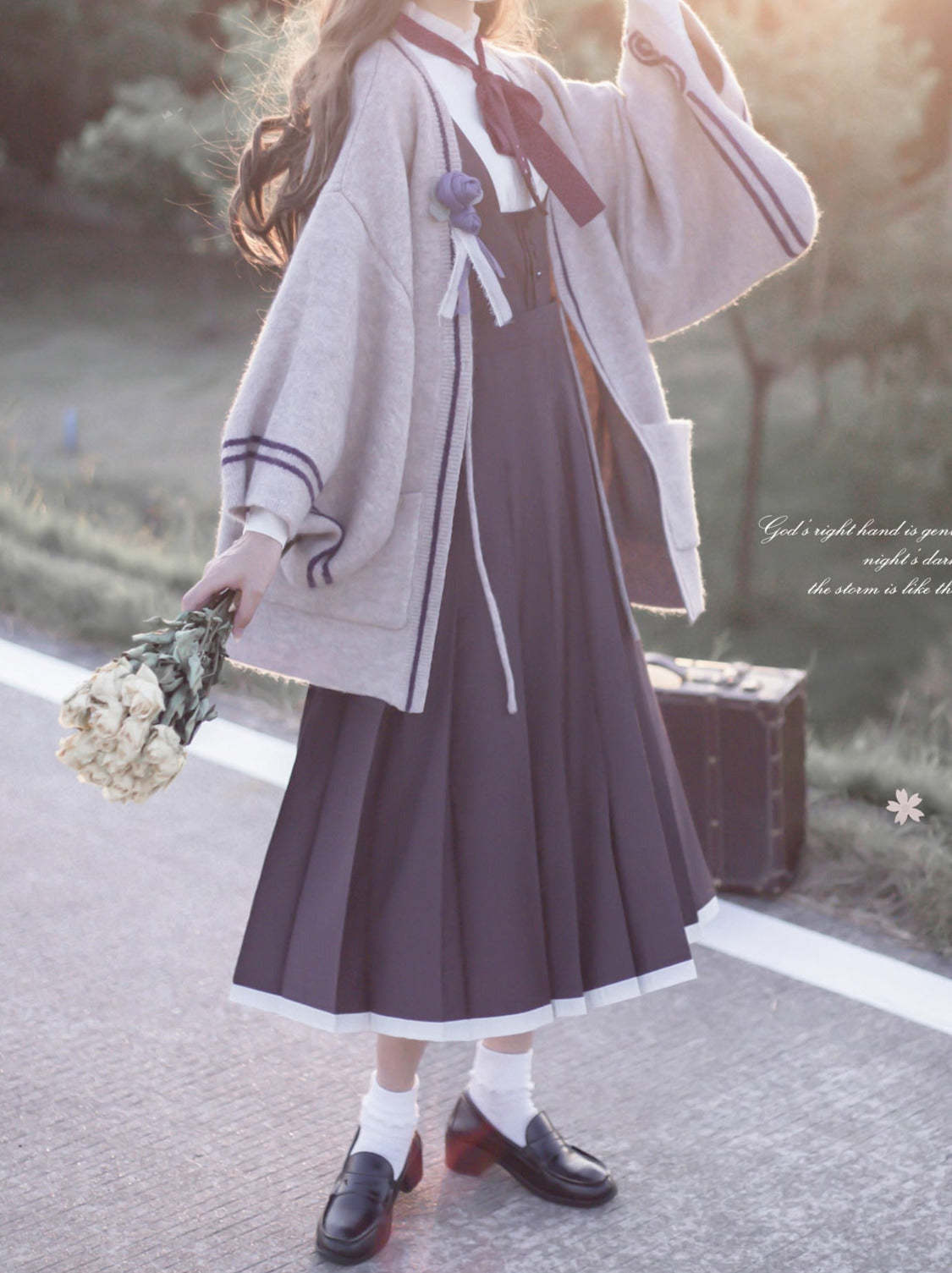 Collar Corsage Dress Retro Shirt Vest Cardigan Stand Knit Ruffle Sleeve + Japanese Ribbon