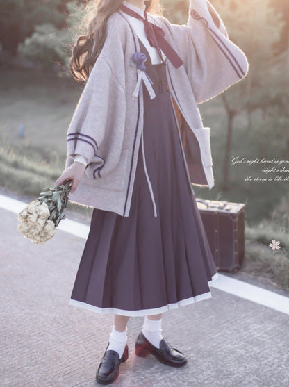 Collar Corsage Dress Retro Shirt Vest Cardigan Stand Knit Ruffle Sleeve + Japanese Ribbon