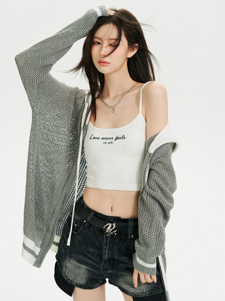 Sheer Zip Mesh Knit Short/Long Hoodie