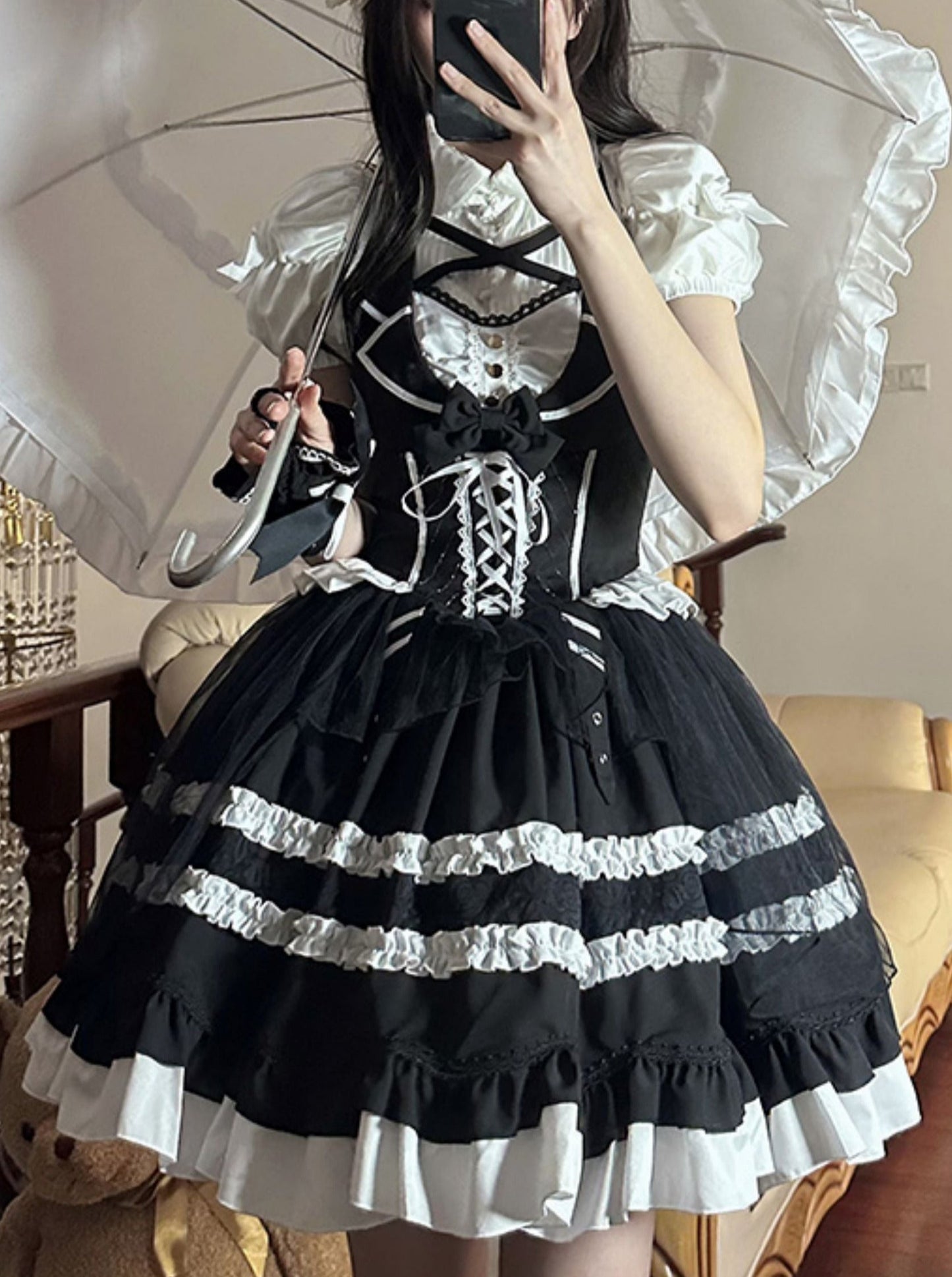 White Elegant Black Magic Dress Doll Antique
