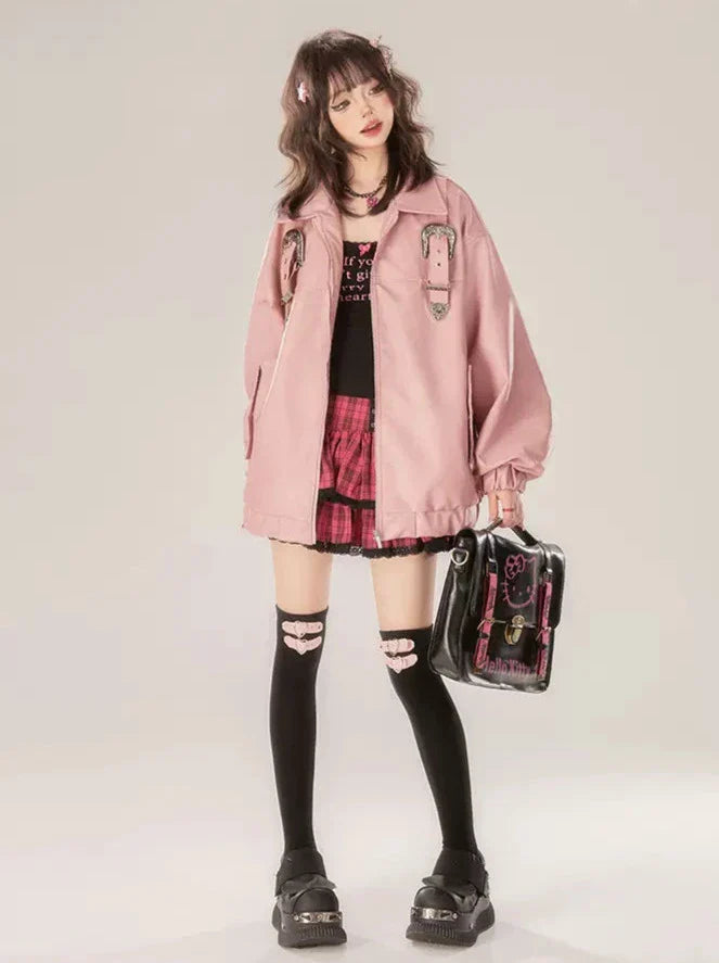 Veste en cuir rose rétro avec boucle et fermeture éclair