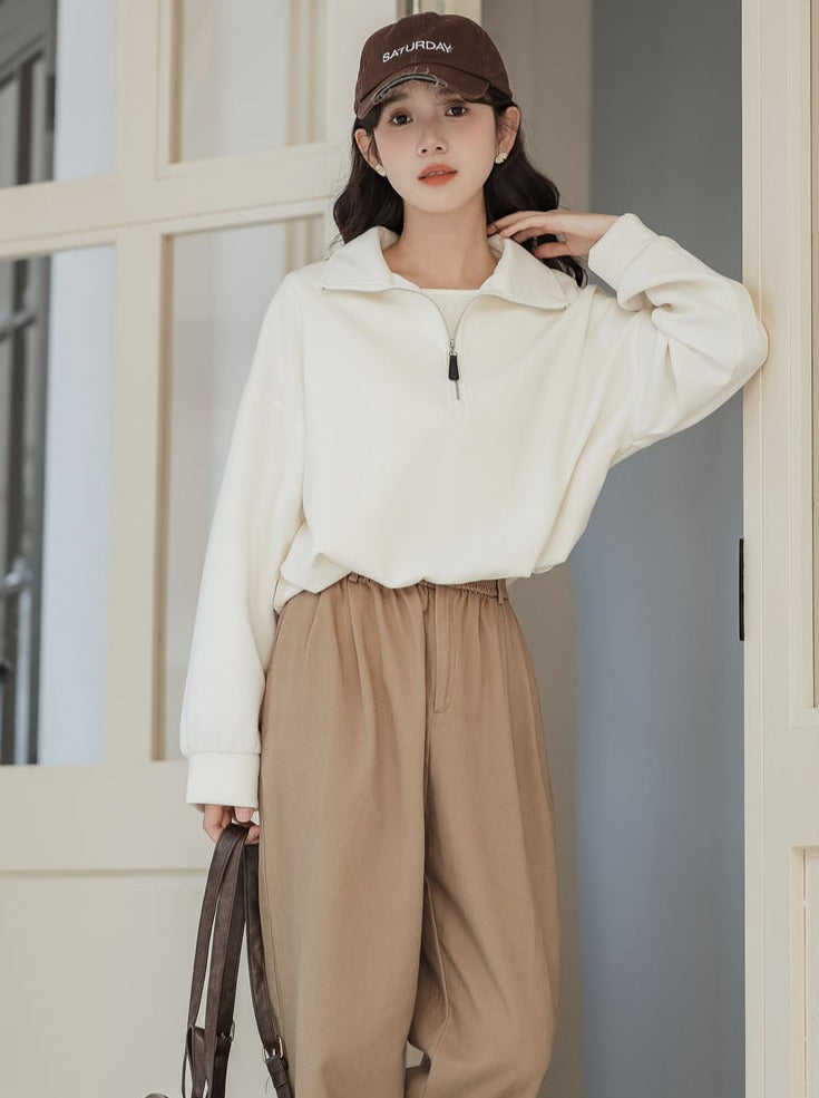 Pullover Zipper Sweatshirt College Style Lapel