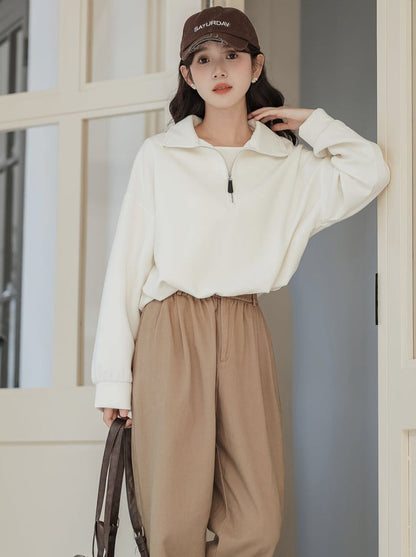 Pullover Zipper Sweatshirt College Style Lapel