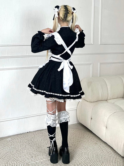 Ensemble de servante chinoise avec manches à ruban noir, tablier, manches et robe longue et courte, blanc