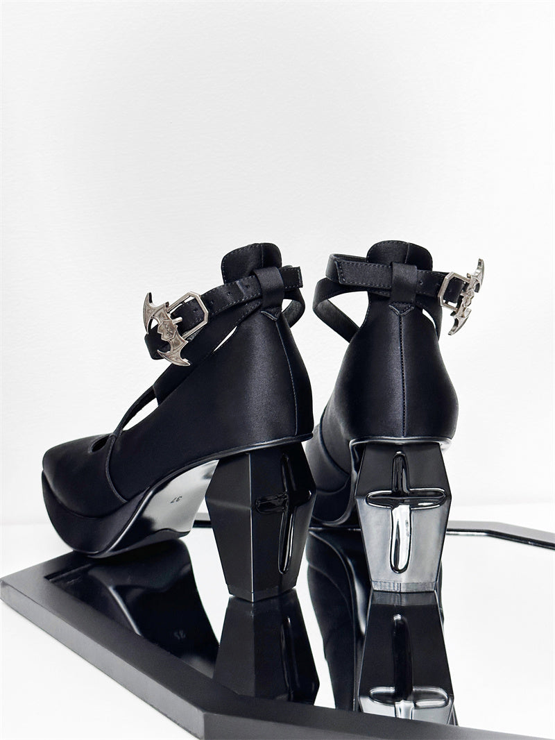 Toe Strap Goth High Elegant Square Teresa's Silk Prayer Heels