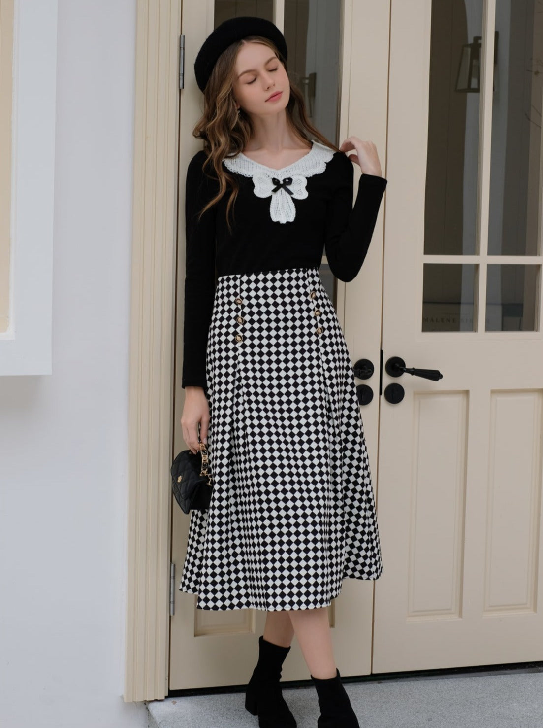 Design Lace Diamond Ribbon + Top Check Skirt