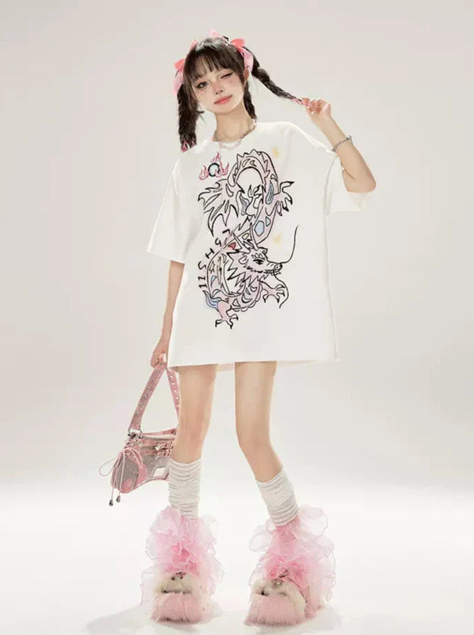 Original Loose T-Shirt mit Drachen-Print in Weiß