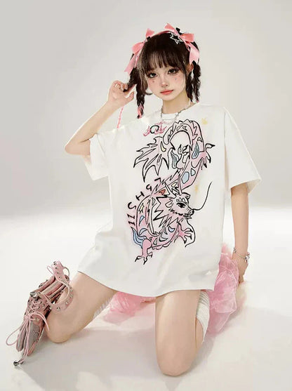 Original Loose T-Shirt mit Drachen-Print in Weiß