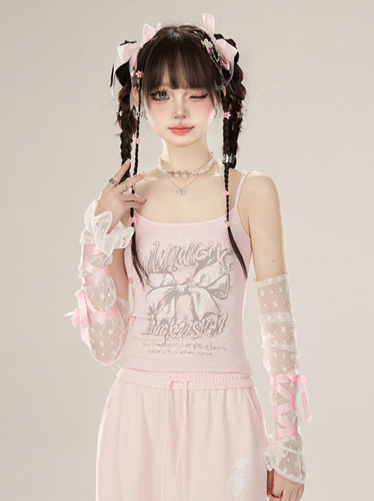 Zip Girly + Loose Butterfly Camisole Pants Jacket Ribbon Sweatshirt Hooded Pink