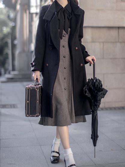 Porte-manteau rétro à col double en laine et ruban boutonné élégant