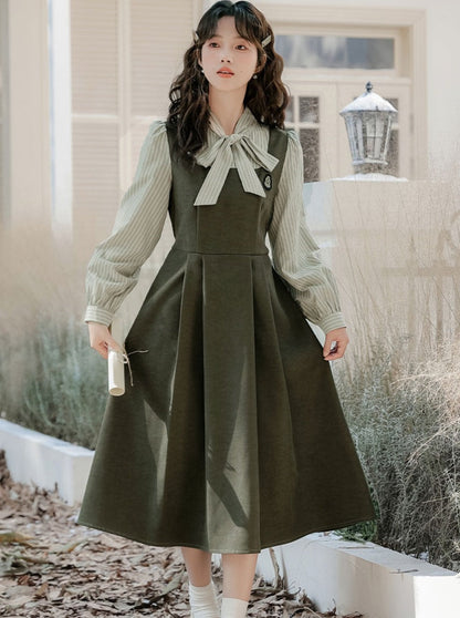 Striped Style Dress Splicing Faux College