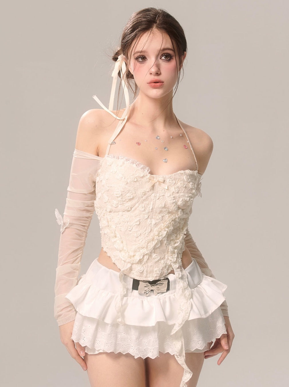 Pearl Ribbon Skirt White French Pants Lace Flared White Eye