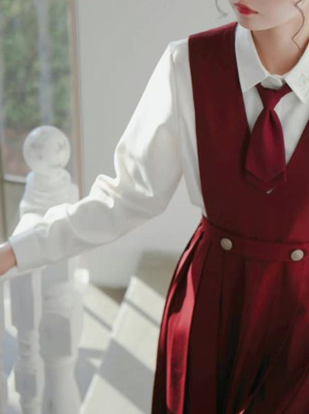Hemdjacke Weißes Kleid Schwarzes Prinzessinnen-Kurzkleid Plissee-Stil College V-Ausschnitt