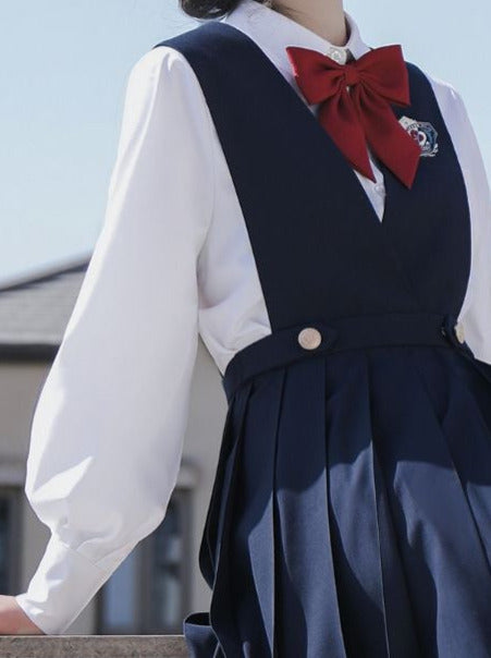 Hemdjacke Weißes Kleid Schwarzes Prinzessinnen-Kurzkleid Plissee-Stil College V-Ausschnitt