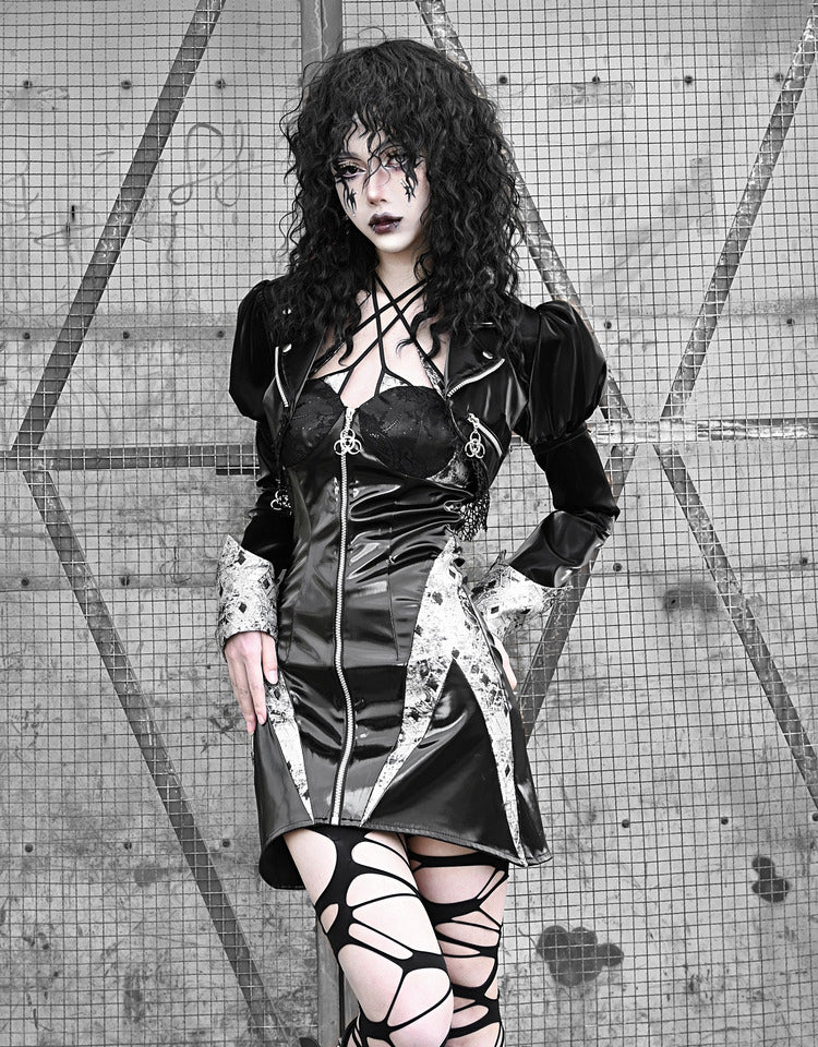Spleißen Spitze Jacke Punk Mesh Leder PU Kurze